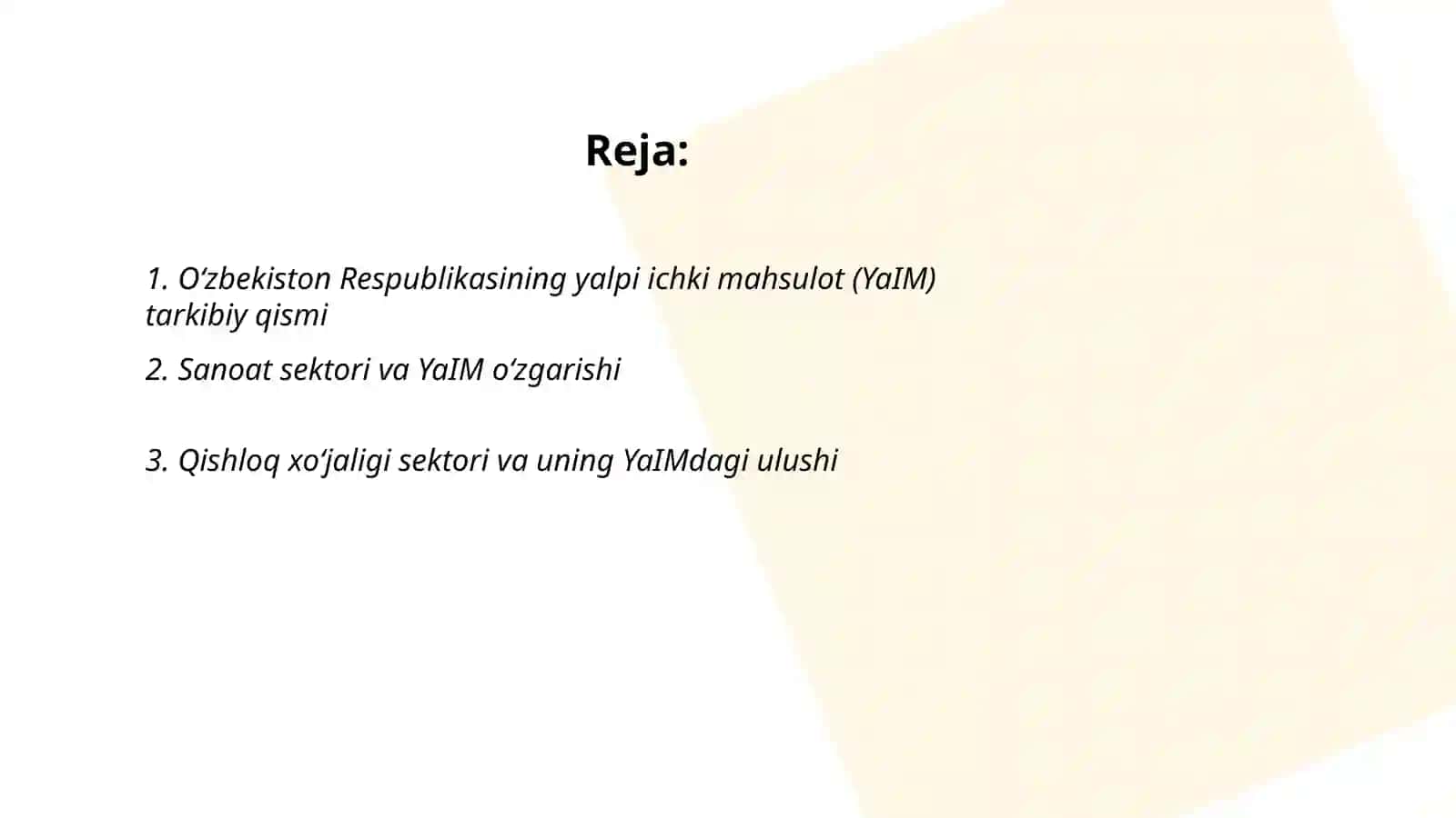 Oʻzbekiston Respublikasining YaIM tarkibidagi oʻzgarishlar tahlili 2