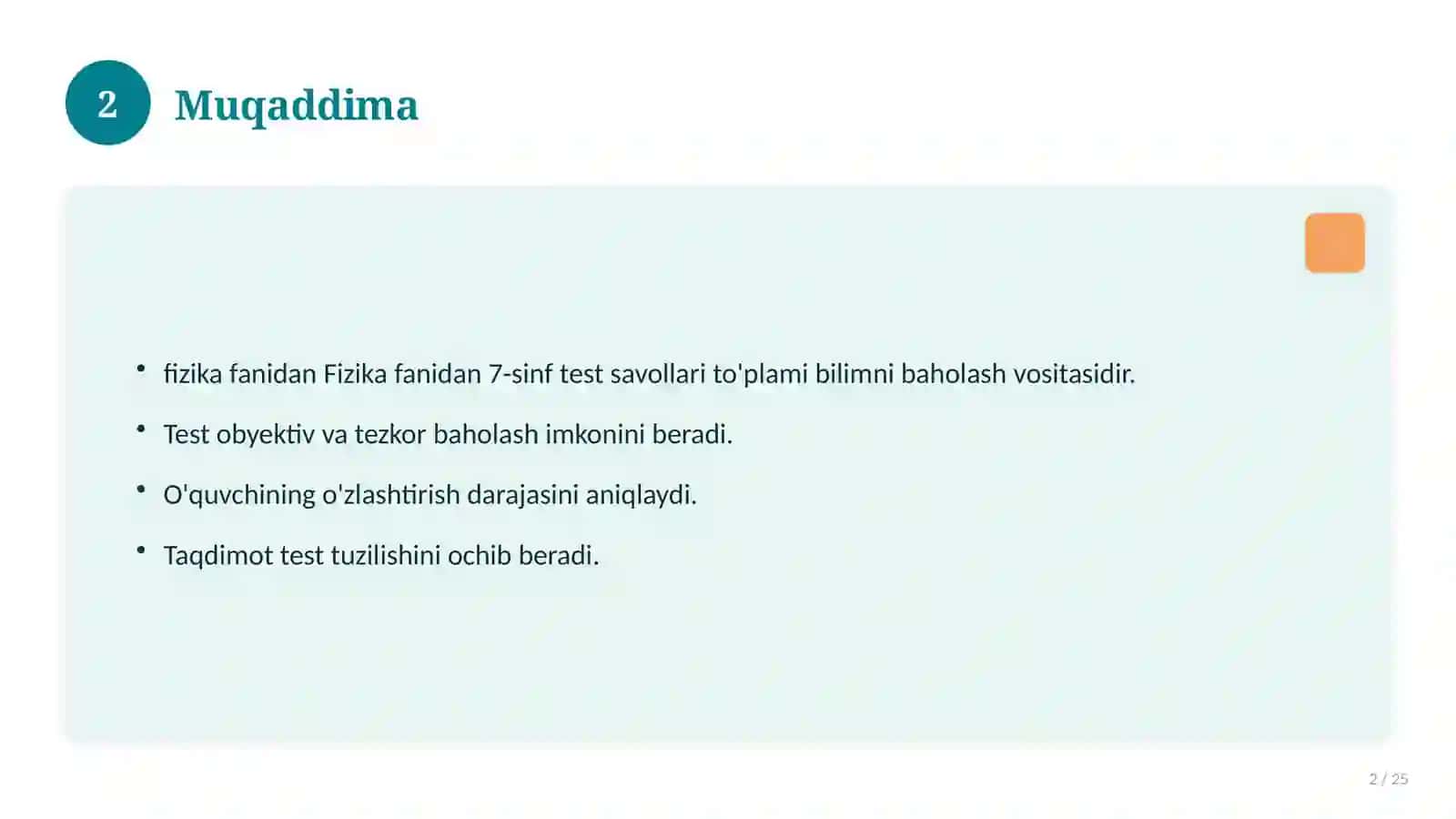 Fizika fanidan 7-sinf test savollari to'plami 2