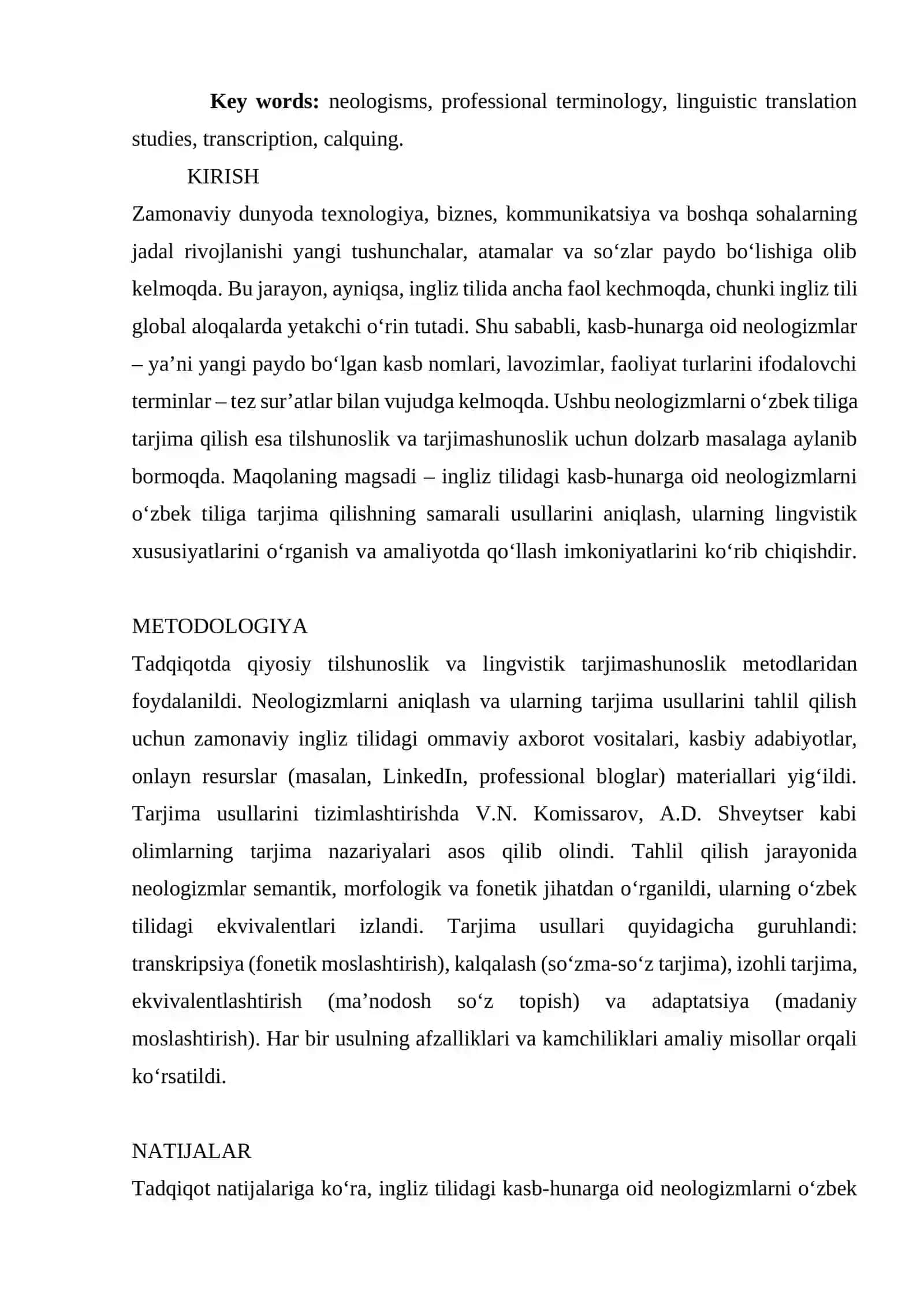 INGLIZ TILIDAGI KASB-HUNARGA OID NEOLOGIZMLARNI O'ZBEK TILIGA TARJIMA QILISH USULLARI 2