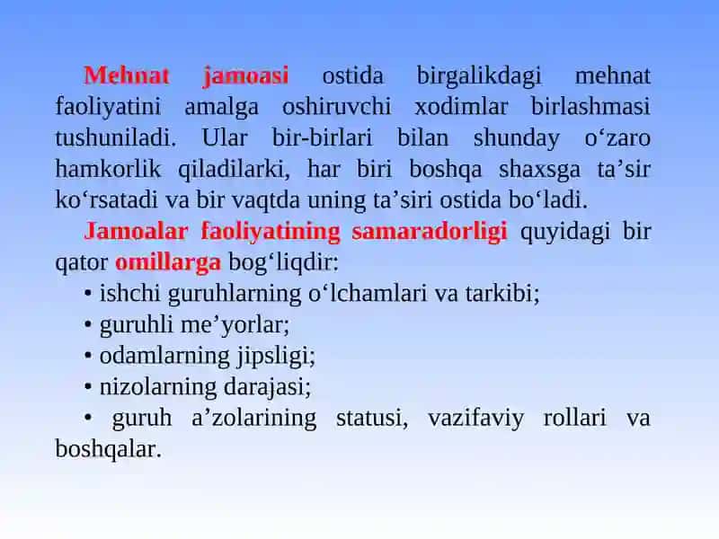 Mehnat jamoasi va uni boshqarish 2