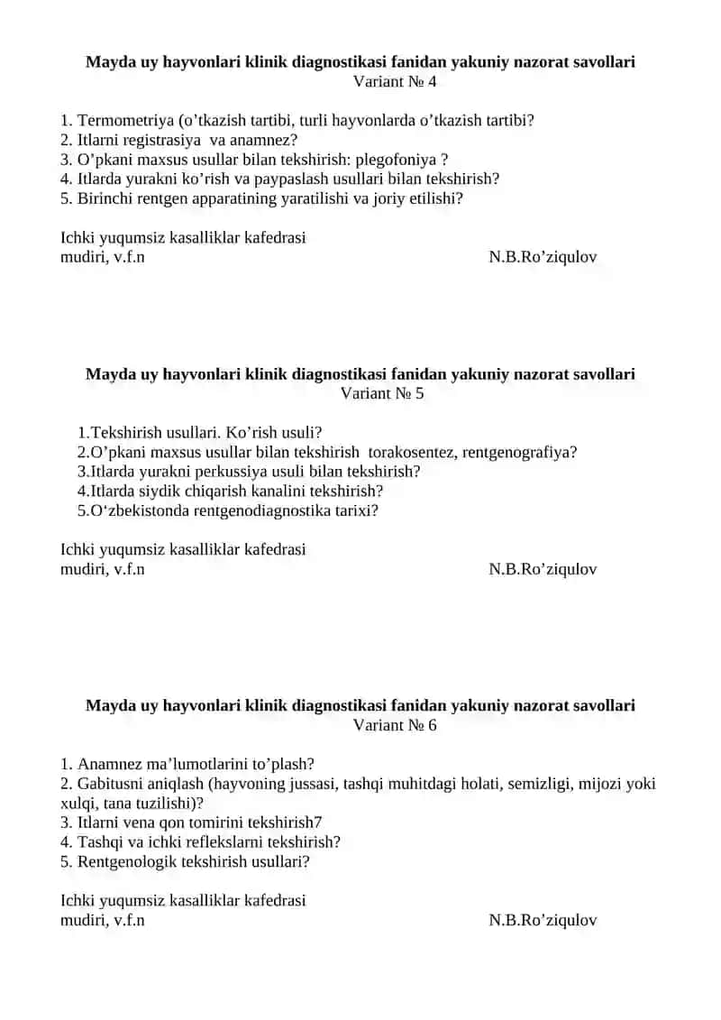 Mayda uy hayvonlari klinik diagnostikasi fanidan yakuniy nazorat savollari - Variant № 1 2