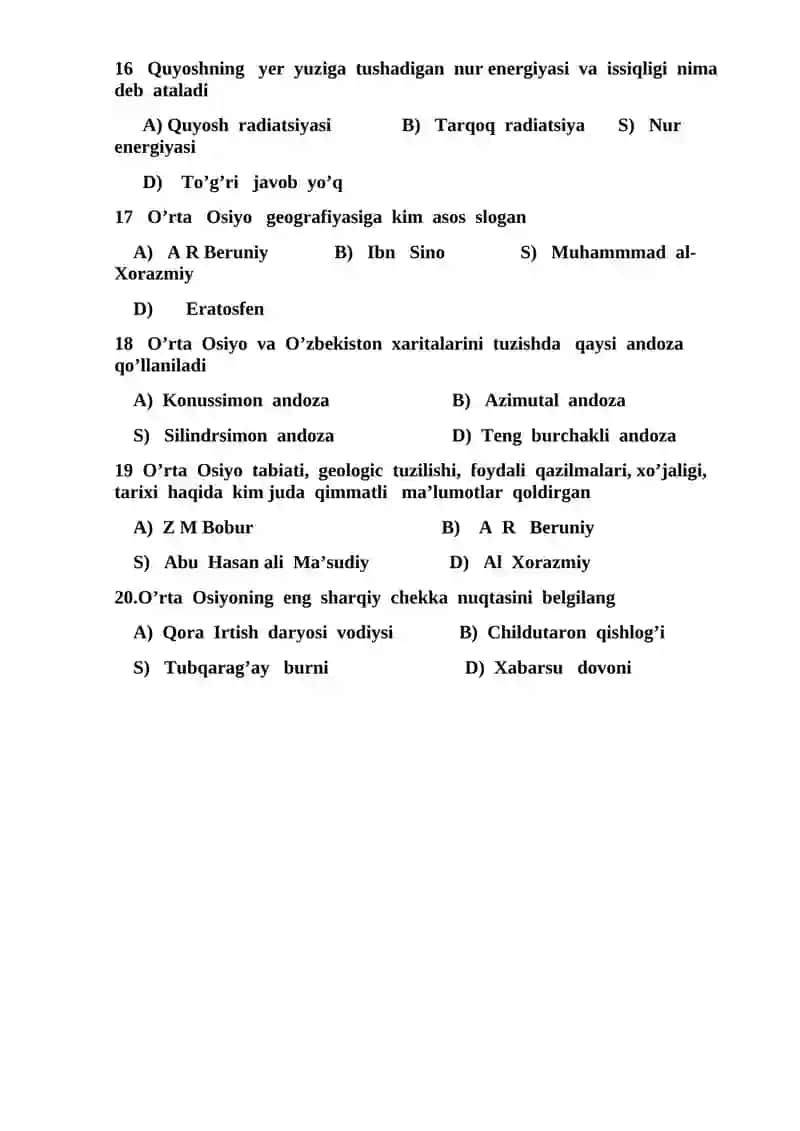 8-sinf Geografiya fanidan monitoring testi I-VARIANT 2
