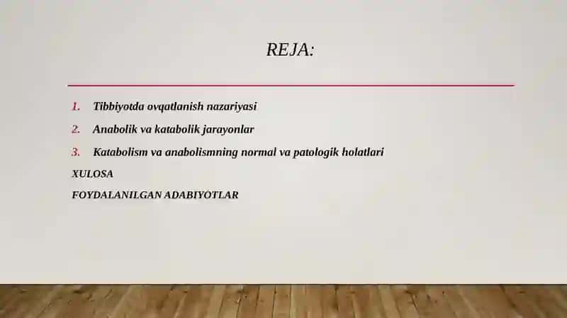 Tibbiyotda ovqatlanish nazariyasi. Parxez stollari. Anabolik va katabolik jarayonlarni ontogenezda o'zgarib borishi. Katabolism va anabolizm. Uning normal va patologik holatlardagi o'zgarishlari. Mikroelementozlar. Ftor, kalsiy miqdorlarining oshib ketishi 2