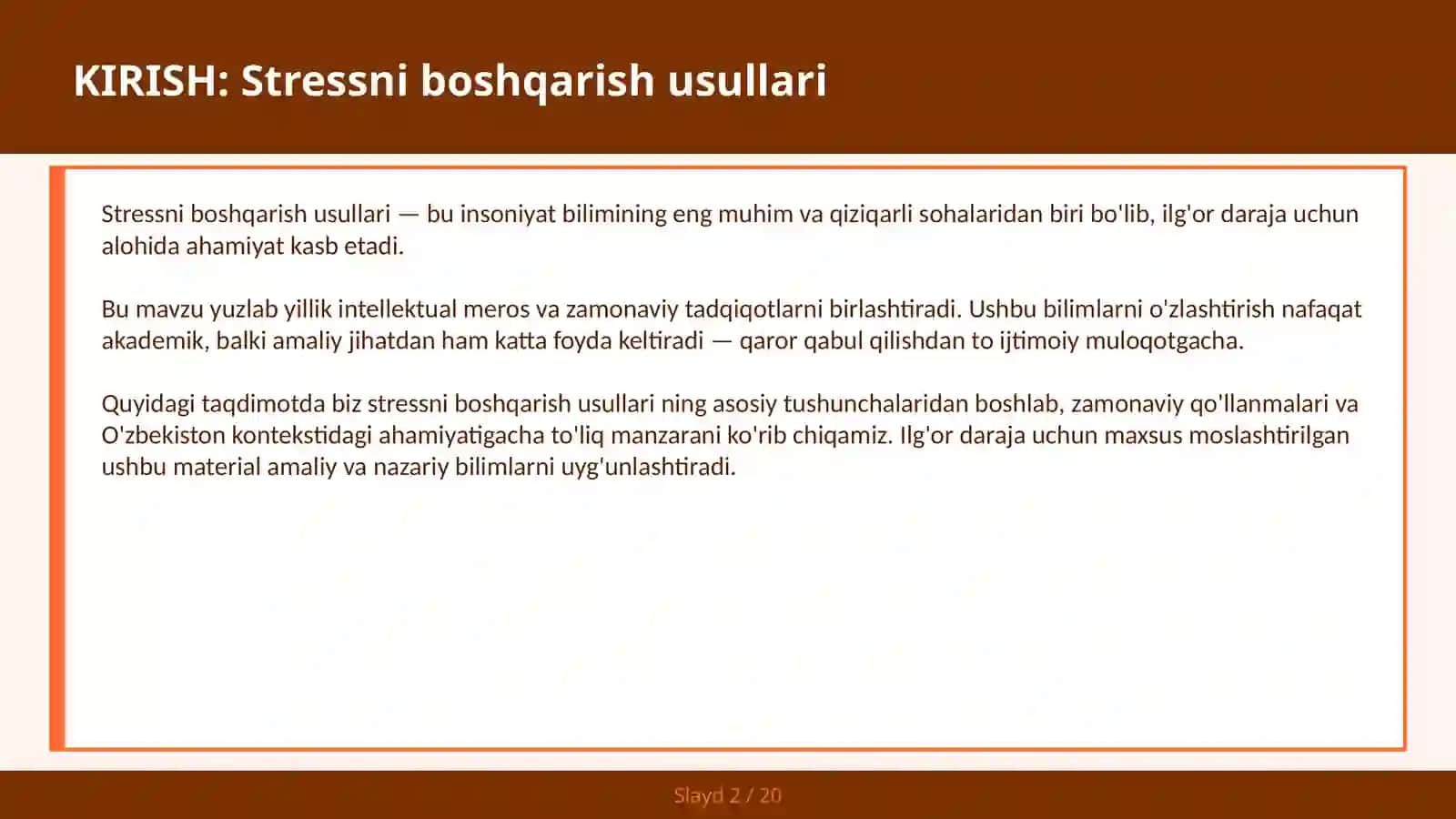 Stressni boshqarish usullari 2