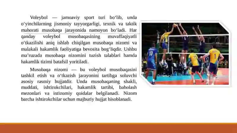 Voleybol musobaqalarida musobaqa nizomini tuzish va hakamlik qilish 2