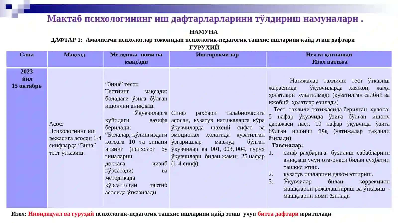 Мактаб психологининг иш дафтарларини тўлдириш намуналари 2