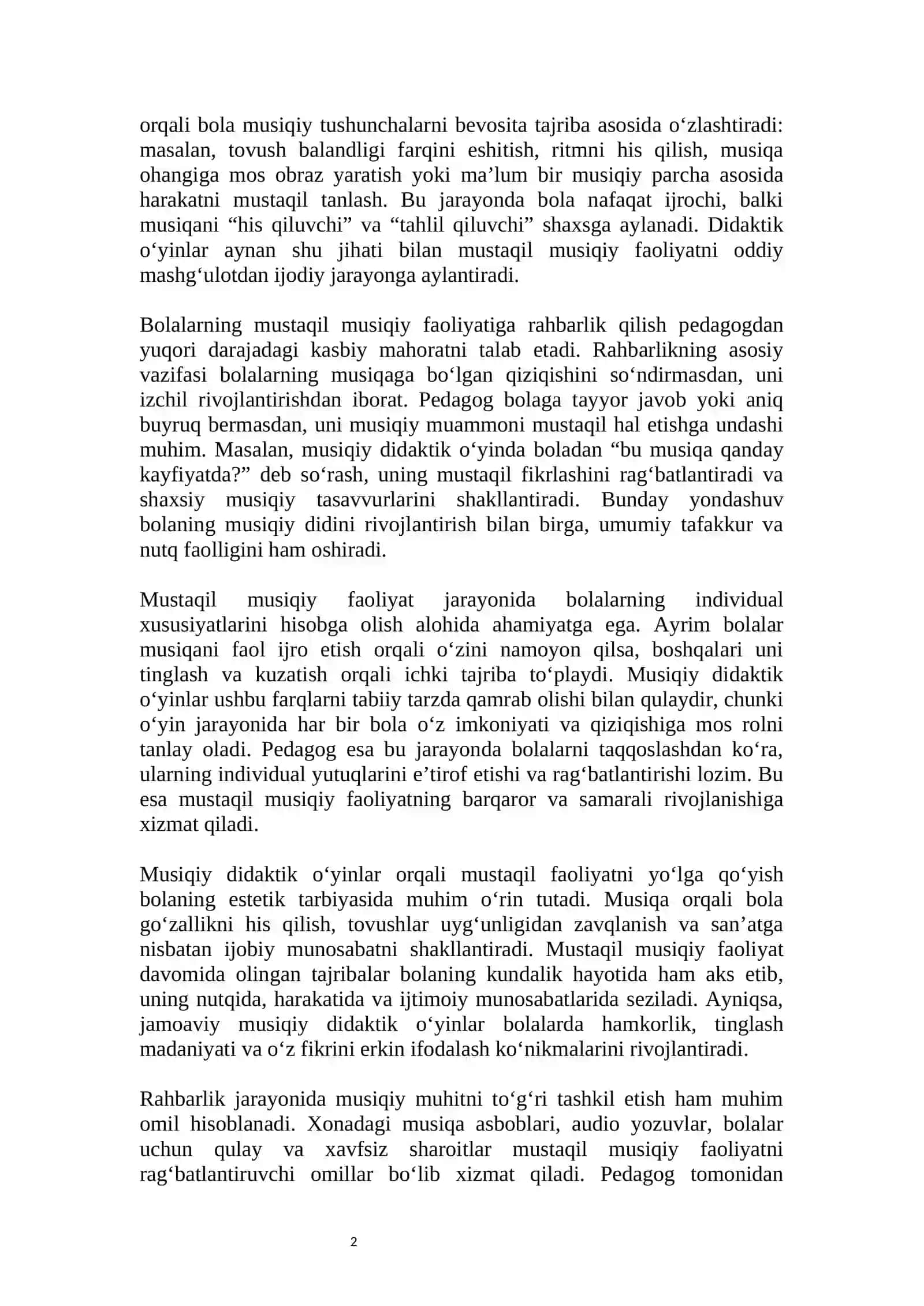 BOLALARNING MUSTAQIL MUSIQIY FAOLIYATI MAZMUNI VA UNGA RAHBARLIK QILISH 2