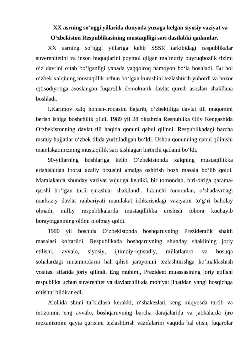 O‘zbekistonning davlat mustaqilligining e`lon qilinishi va uning tarixiy ahamiyati 2