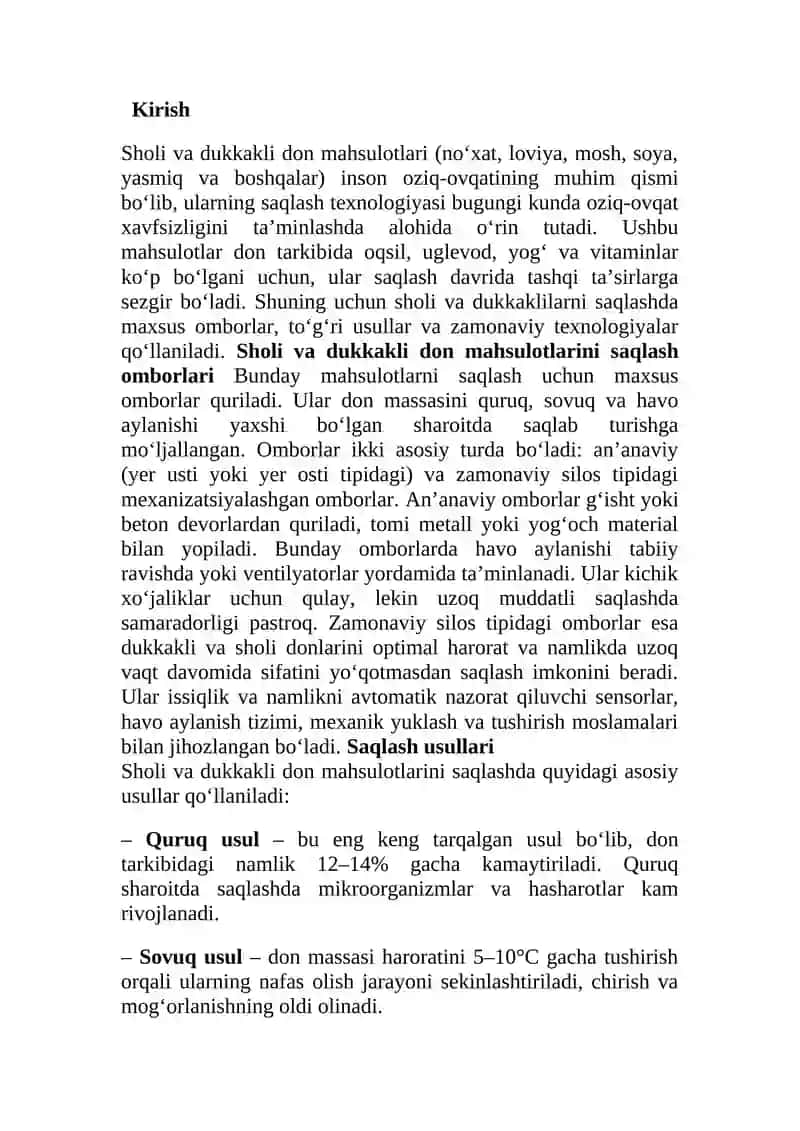 Sholi va dukkakli don maxsulotlarini saqlash omborlari, usullari va texnologiyasi. 2