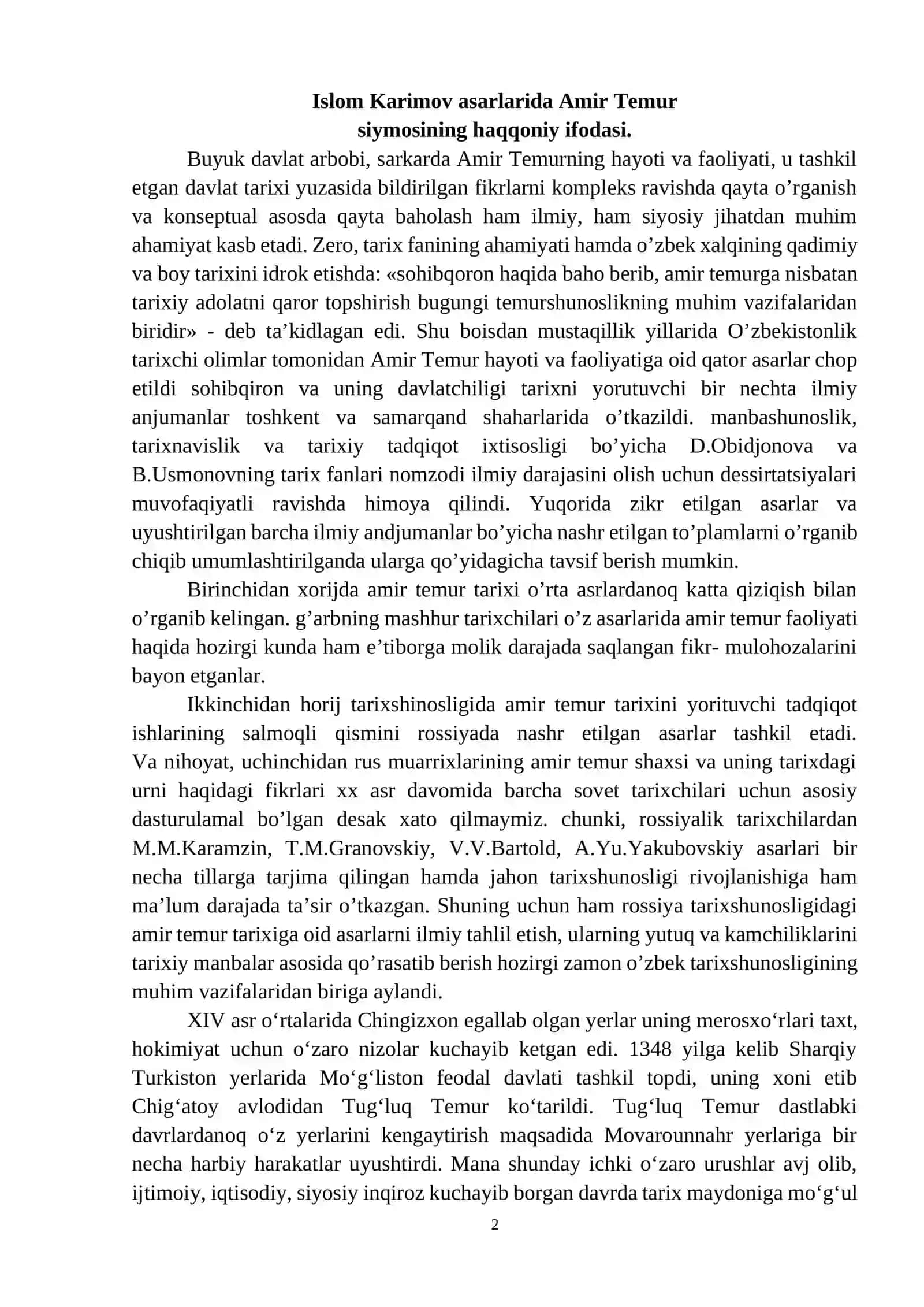 Mustaqillik yillarida Amir Temur va Temuriylar davri tadqiq etilishi 2