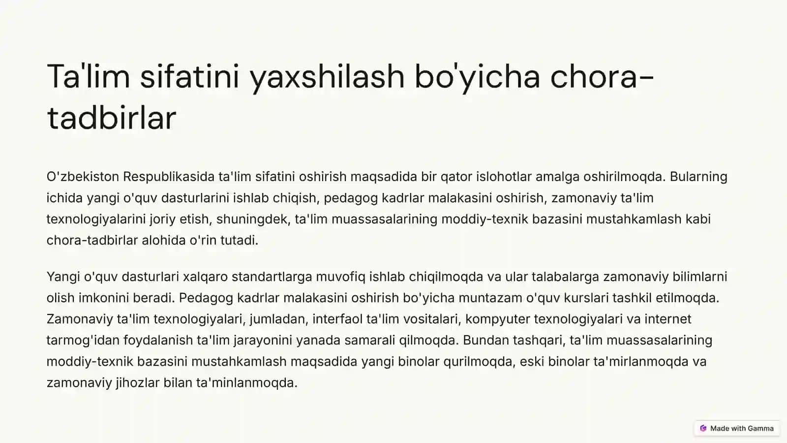 O'zbekiston Respublikasida talim sohasida amalga oshirilgan islohotlar 2
