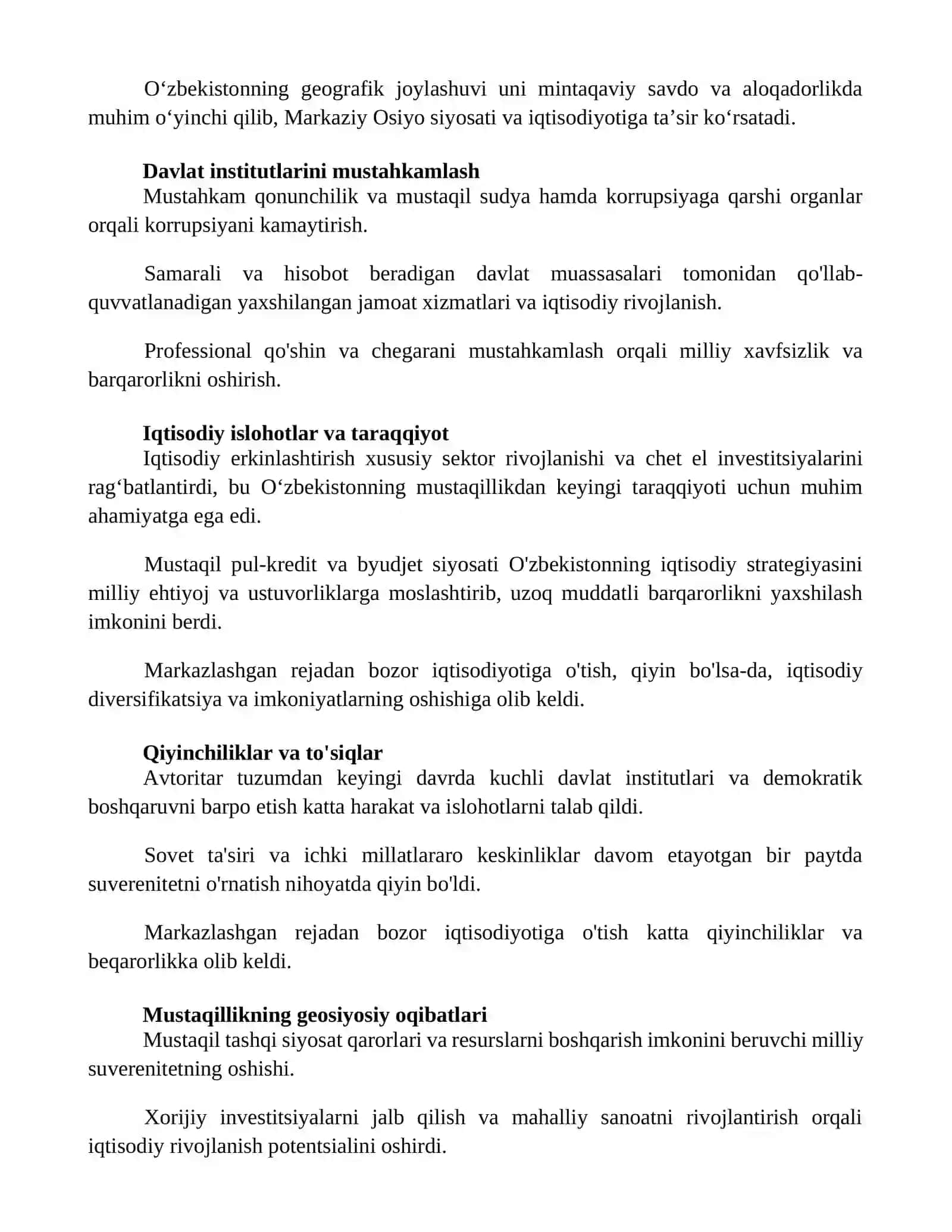 Mustaqil O'zbekiston Respublikasi Tashkil Topishining Ahamiyati 2