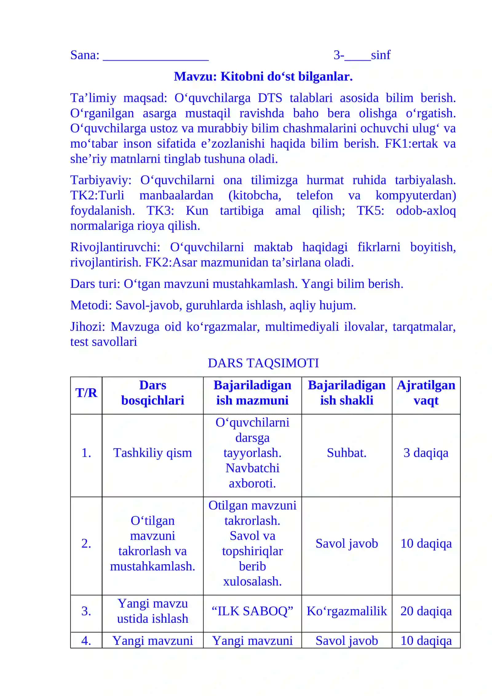 3-sinf o'qish fanidan Kitobni do'st bilganlar 4-chorak dars ishlanmasi 2