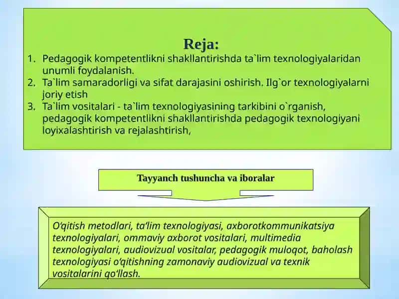 Pedagogik kompetentlikni shakllantirishda ta`lim texnologiyasini tadbig`i va pedagogik texnologiyani loyihalashtirish va rejalashtirish yo`llari 2