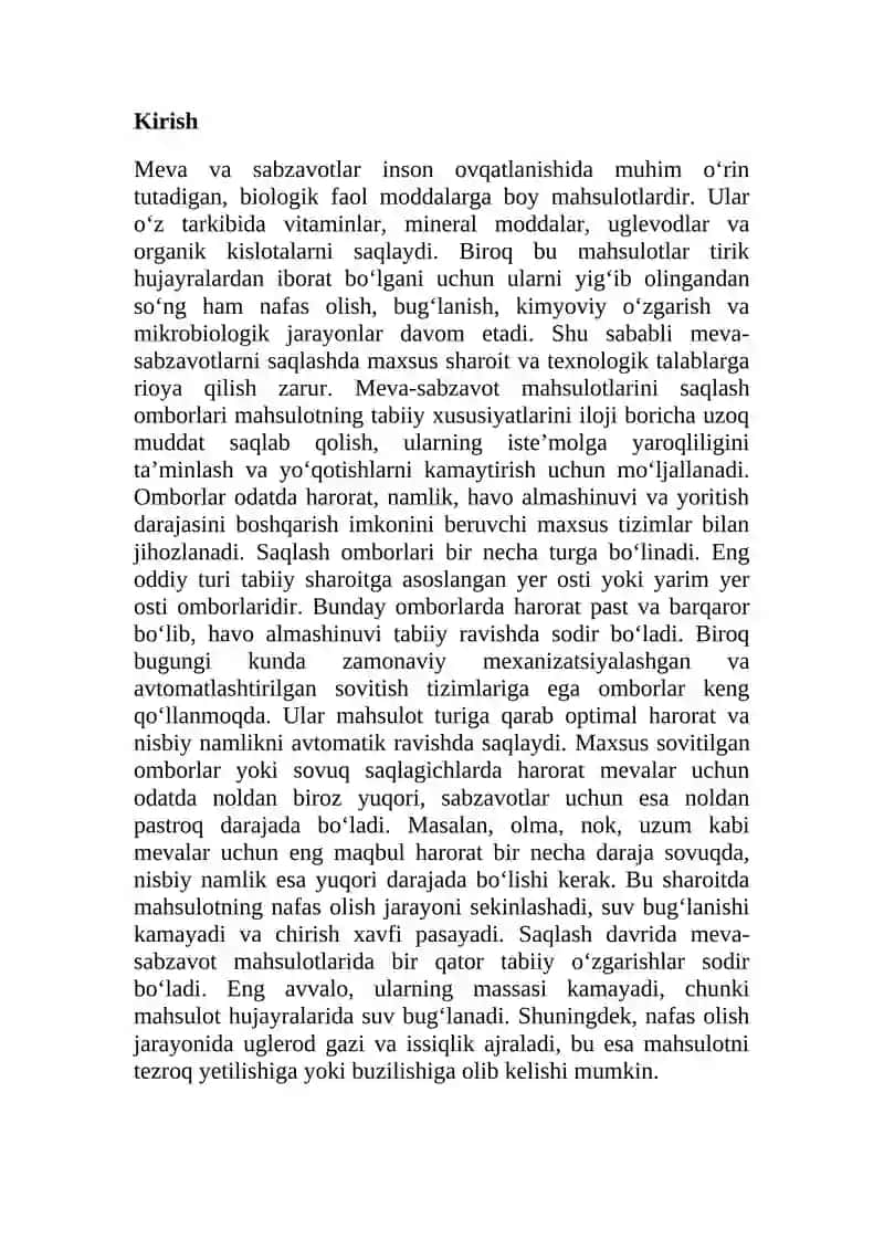 Meva-sabzavot mahsulotlarini saqlash omborlari, saqlash davrida sodir bo’ladigan o’zgarishlar. 2
