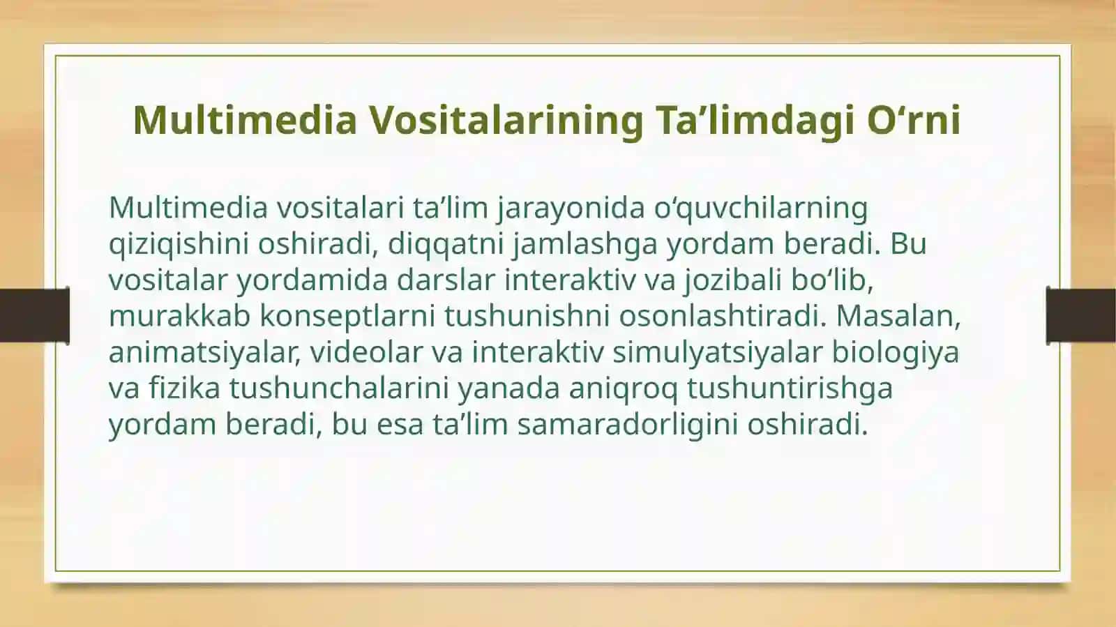 Boshlangʻichtaʼlimtabiiyfanlaridarslaridaoʻquvvositalarimultimediatarqatmavadidaktikmeterillardanfaydalanishmedodikasi 2