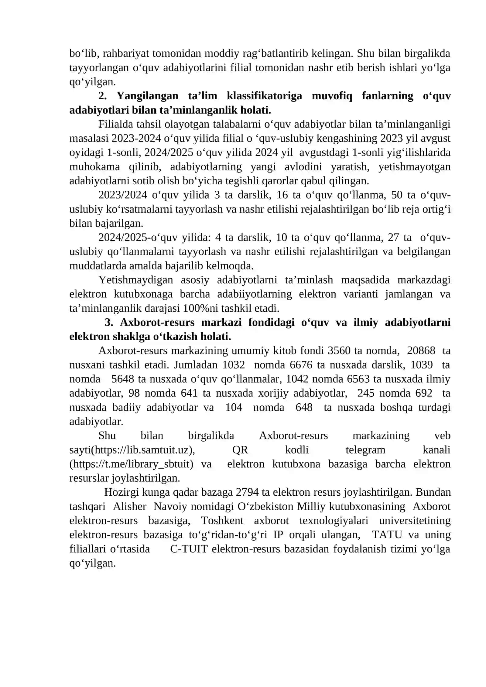 Oliy ta’lim tashkilotida o‘quv adabiyotlarini yaratish va nashr etish hamda amaldagi o‘quv dasturlariga kiritilgan asosiy o‘quv adabiyotlarining holati 2