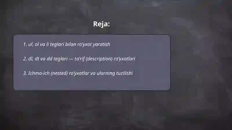 HTMLda roʻyxatlar va formalar bilan ishlash teglari 2
