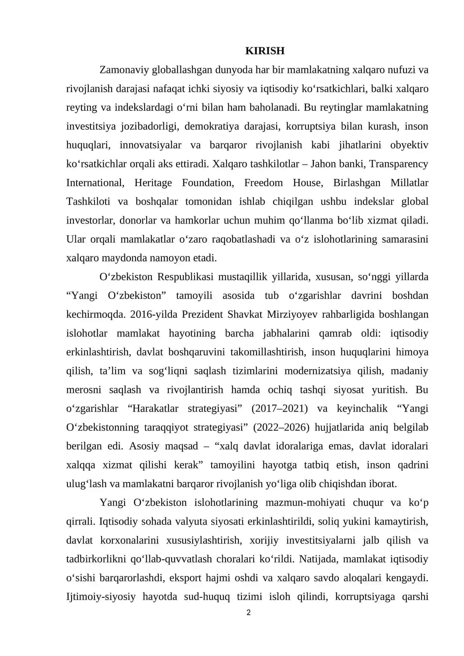 Yangi O'zbekiston ijtimoiy-siyosiy, iqtisodiy va madaniy hayotida ro'y berayotgan o'zgarishlarning xalqaro reyting va indekslarda aks etishi 2