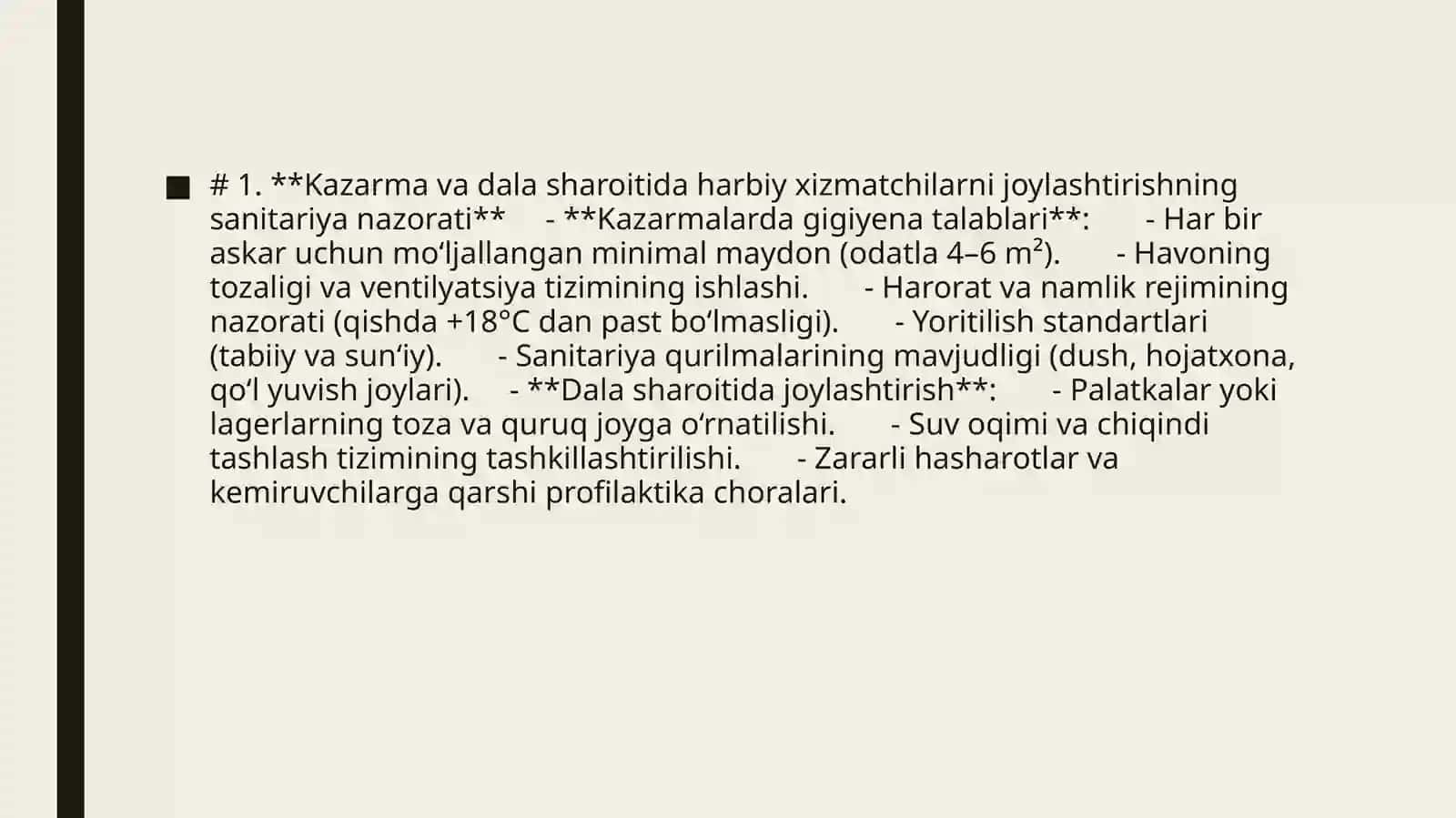 Kazarma va dala sharoitida harbiy xizmatchilarni joylashtirishning sanitariya nazorati 2