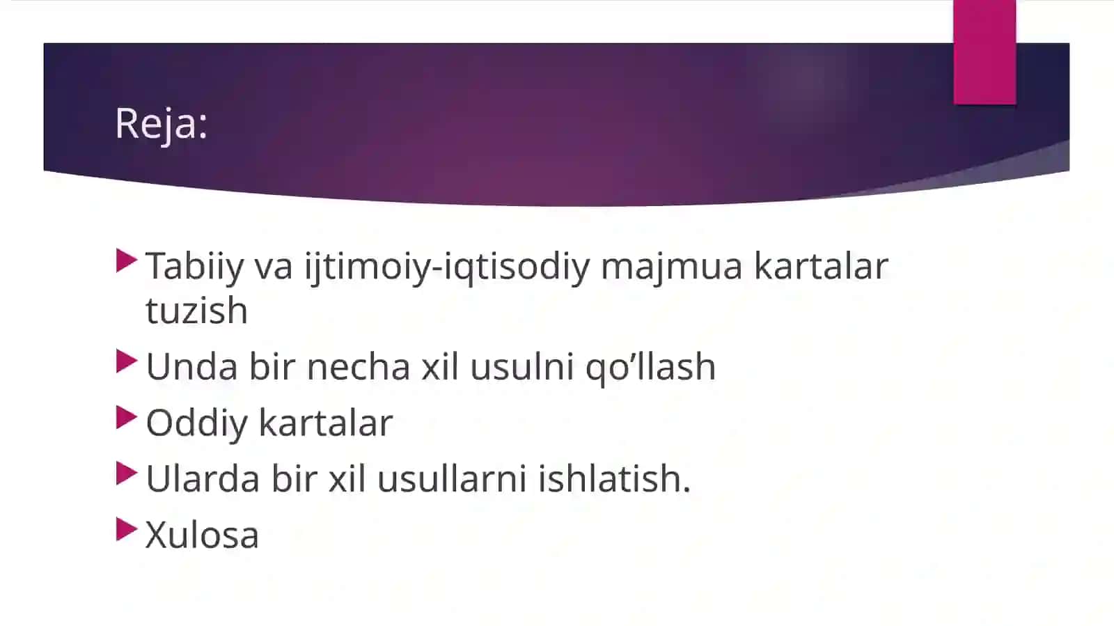 Tabiiy va ijtimoiy-iqtisodiy majmua kartalar tuzishda bir necha xil usul, oddiy kartalarda esa deyarli bir xil usullarni ishlatish 2