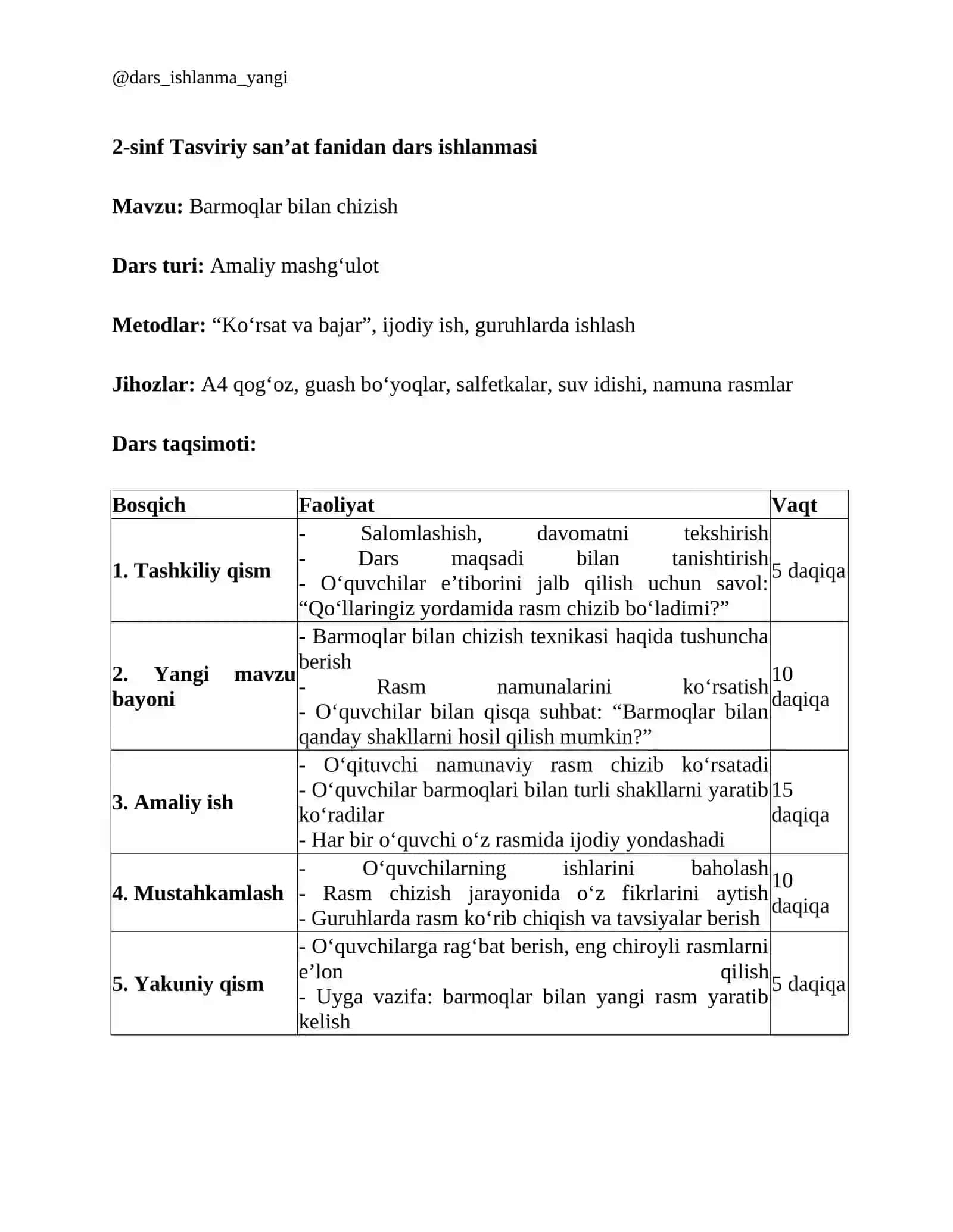 2-sinf Tasviriy san’at fanidan dars ishlanmasi 2