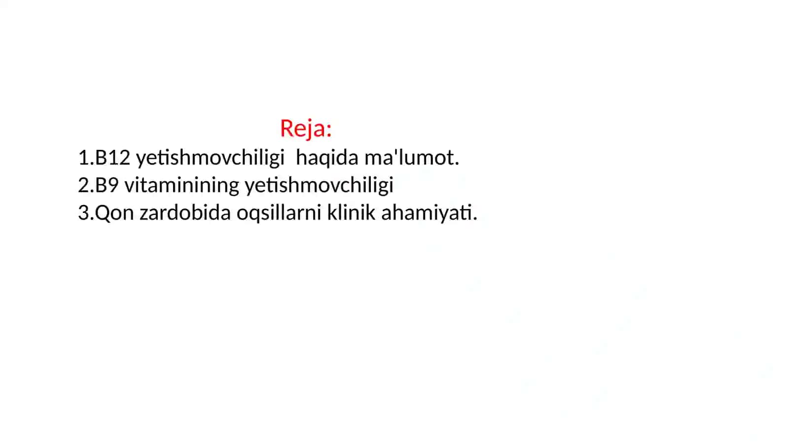 Mis, B12, B9 etishmovchiligida rivojlanadigan anemiyalarning biokimyoviy asoslari. Qon zardobida oqsillarni aniqlashning klinik ahamiyati 2