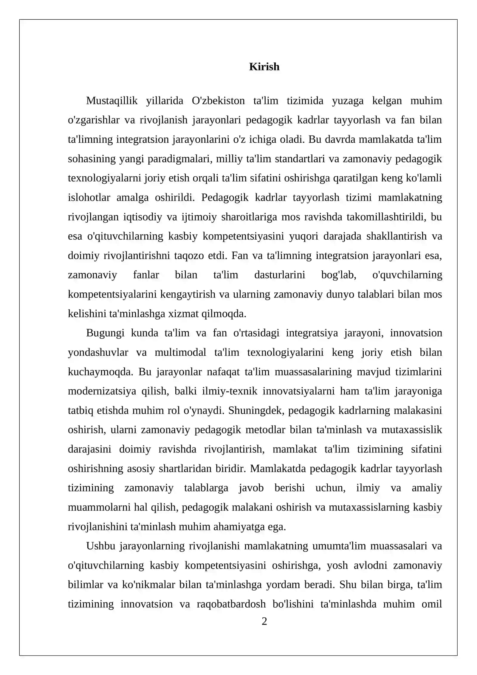 MUSTAQILLIK YILLARIDA PEDAGOGIK KADRLAR TAYYORLASH, FAN VA TA'LIMNING INTEGRATSION JARAYONLARI 2