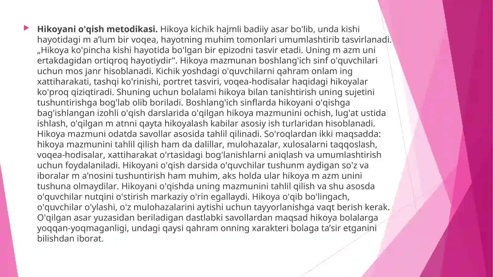 HIKOYA JANRIDAGI ASARNI O‘QITISH MЕTODIKASI. SHЕ’RIY NUTQNING XUSUSIYATLARI. MASAL JANRIDAGI ASARLARNI O‘QITISH MЕTODIKASI 2