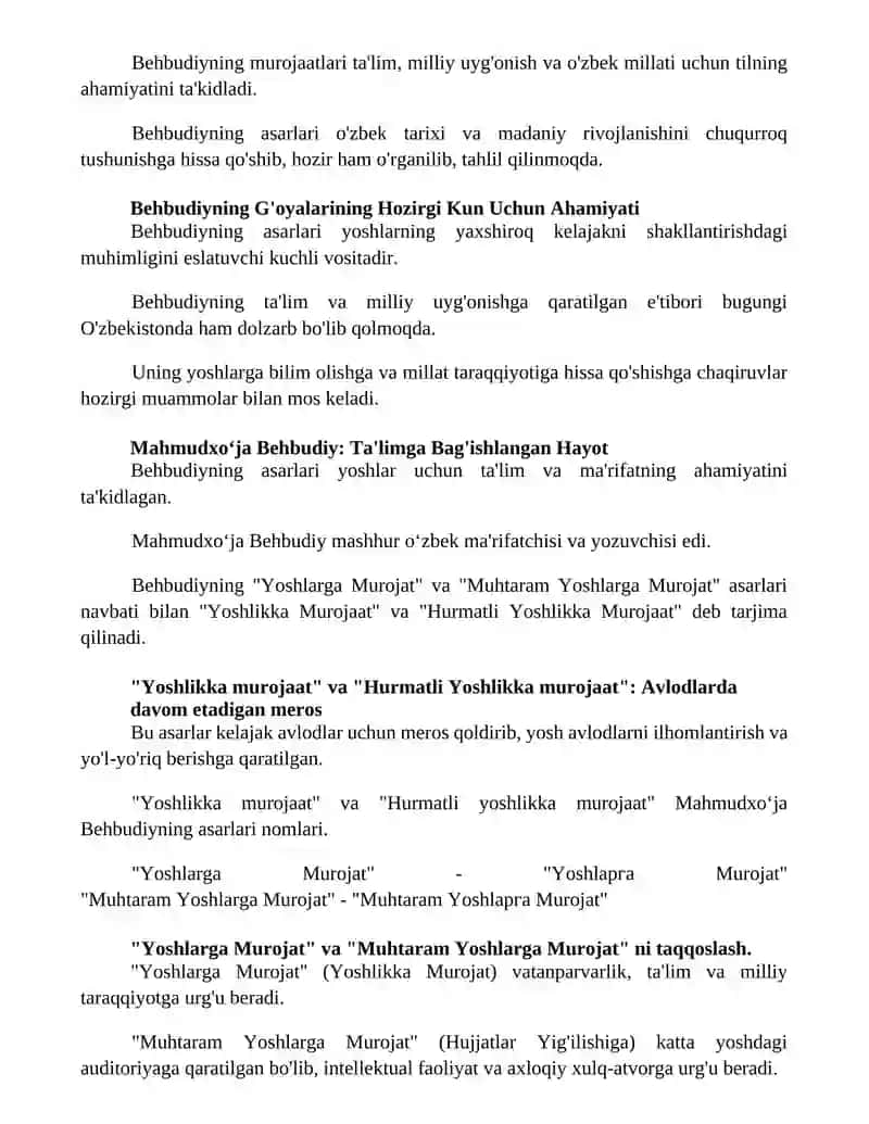 Mahmudxoʻja Behbudiyning "Yoshlarga murojat'' va " Muhtaram yoshlarga murojat" 2