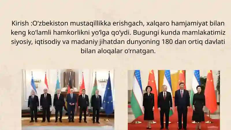 O‘zbekistonning xorijiy mamlakatlar bilan iqtisodiy, siyosiy va madaniy aloqalari 2