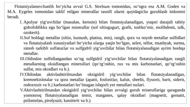 Flotatsiyalanuvchanlik bo‘yicha minerallar tasnifi 2