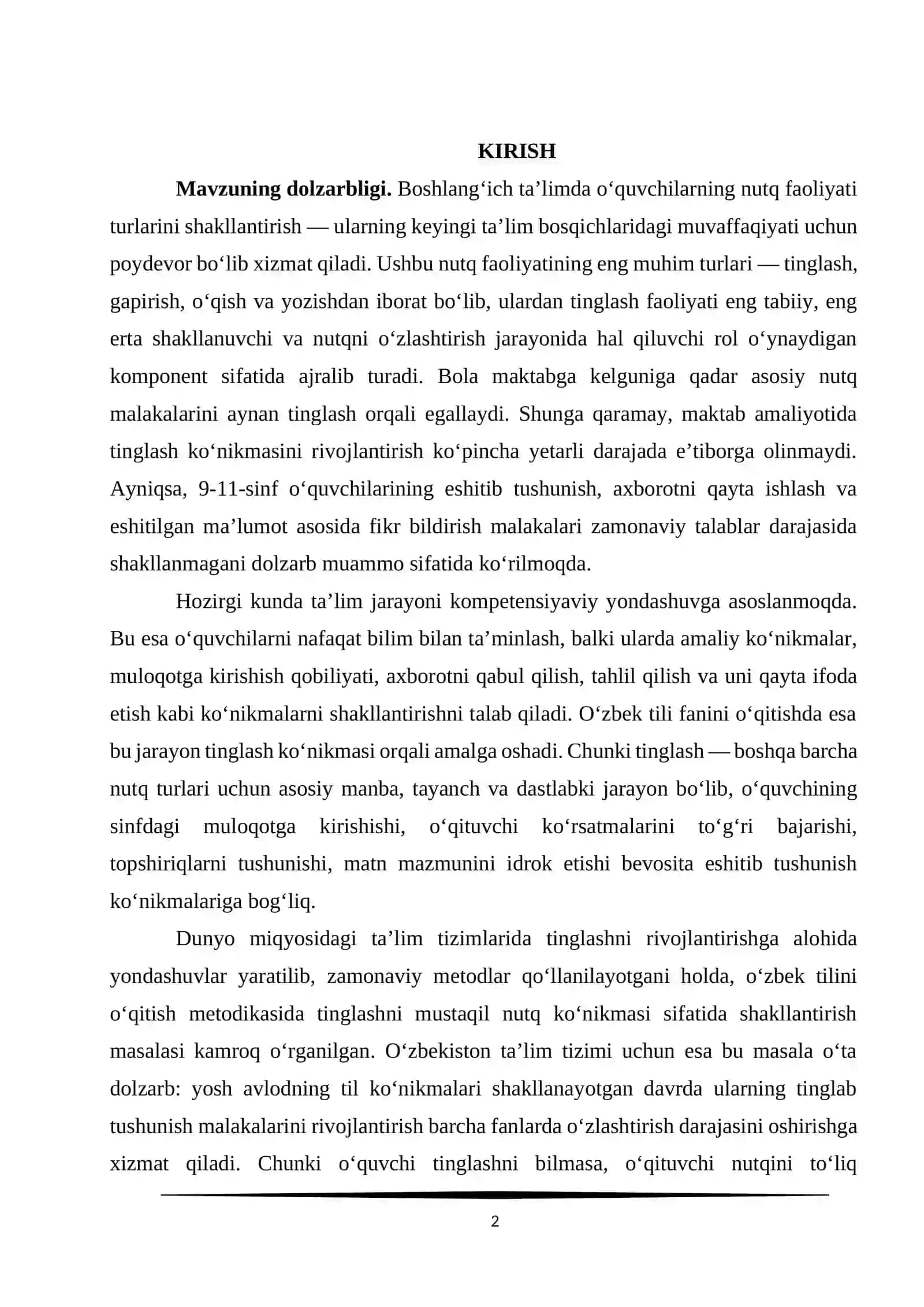 “«Umumta’lim maktablarining 9–11-sinflarida o‘zbek tili darslarida tinglab tushunish (audirovaniya) ko‘nikmalarini rivojlantirish» mavzusidagi  KURS ISHI 2