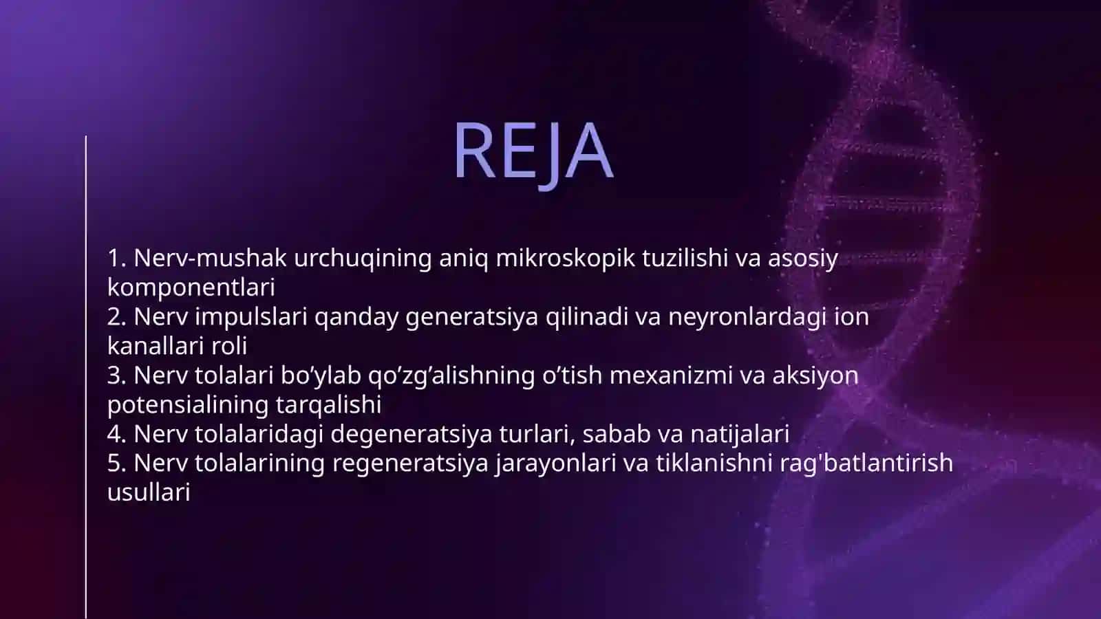 NERV-MUSHAK URCHUQLARINING TUZILISHI VA ISHLASH PRINSIPI. NEYRONLARDA NERV IMPULSLARINI HOSIL BO’LISHI MEXANIZMLARI. NERV TOLALARI BO’YLAB QO’ZG’ALISHNING O’TISH MEXANIZMI. NERV TOLASINING DEGENERATSIYASI VA REGENERATSIYASI 2