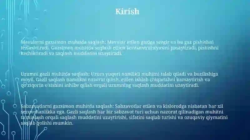 Meva Uzum Va Sabzavotlarni Boshqariladigan Gaz Muhiti Sharoitida Saqlash 2