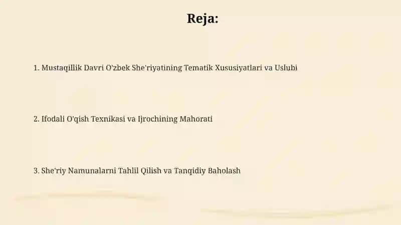 Mustaqillik davri o'zbek sheʼriyati namunalarini ifodali oʻqish 2