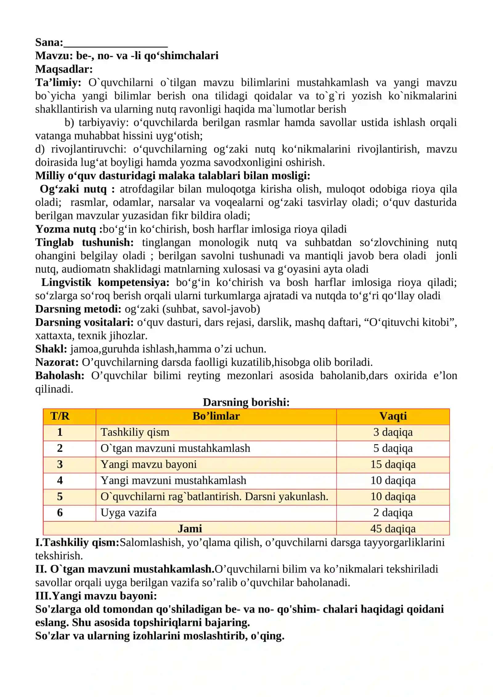 3-sinf Ona tili va o'qish savodxonligi fanidan be-, no- va -li qo'shimchalari dars ishlanma 2