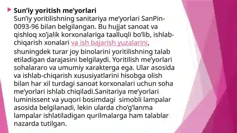 Sun'iy yoritish me’yorlari 2