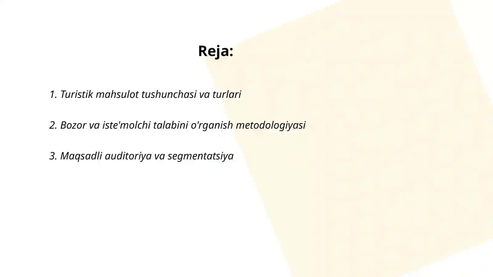 Turistik mahsulot va xizmatlarni loyihalashtirish asoslari 2
