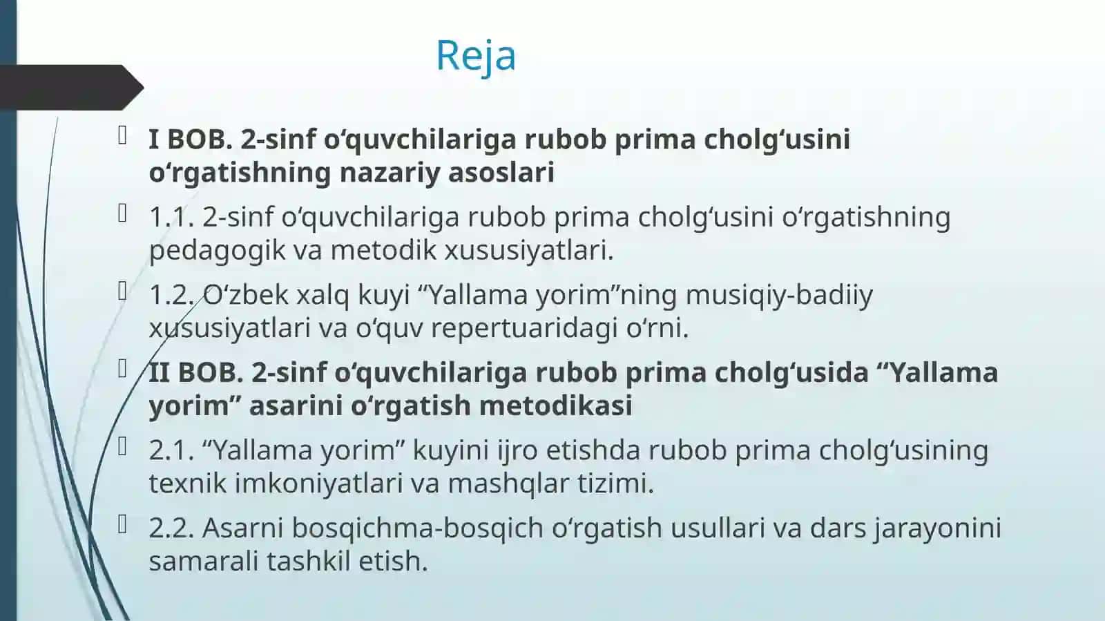 BMSM 2-sinf o‘quvchilariga rubob prima cholg‘usida o‘zbek xalq kuyi “Yallama yorim” asarini o‘rgatish yo‘llari 2