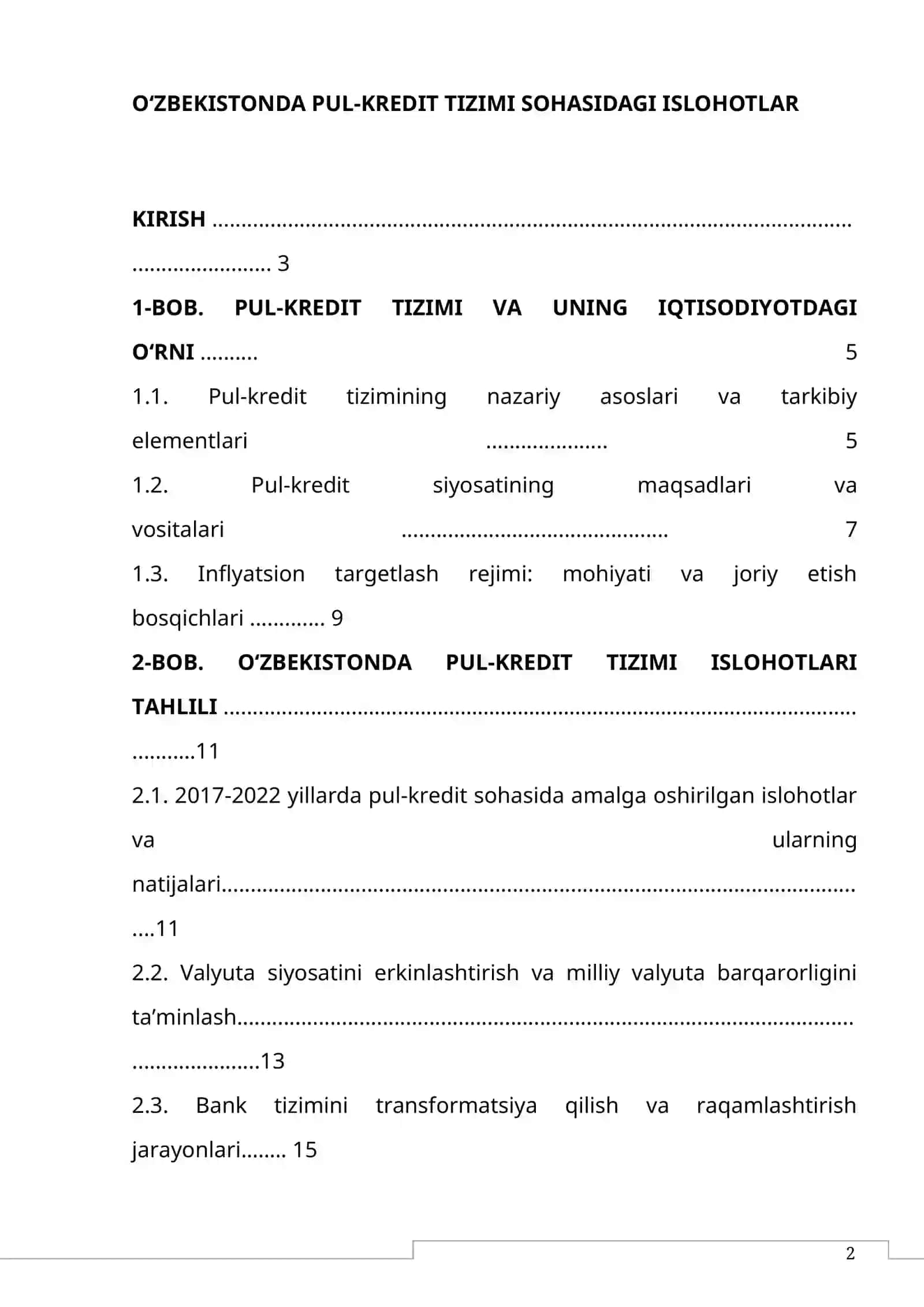 O‘ZBEKISTONDA PUL-KREDIT TIZIMI SOHASIDAGI ISLOHOTLAR KIRISH 2
