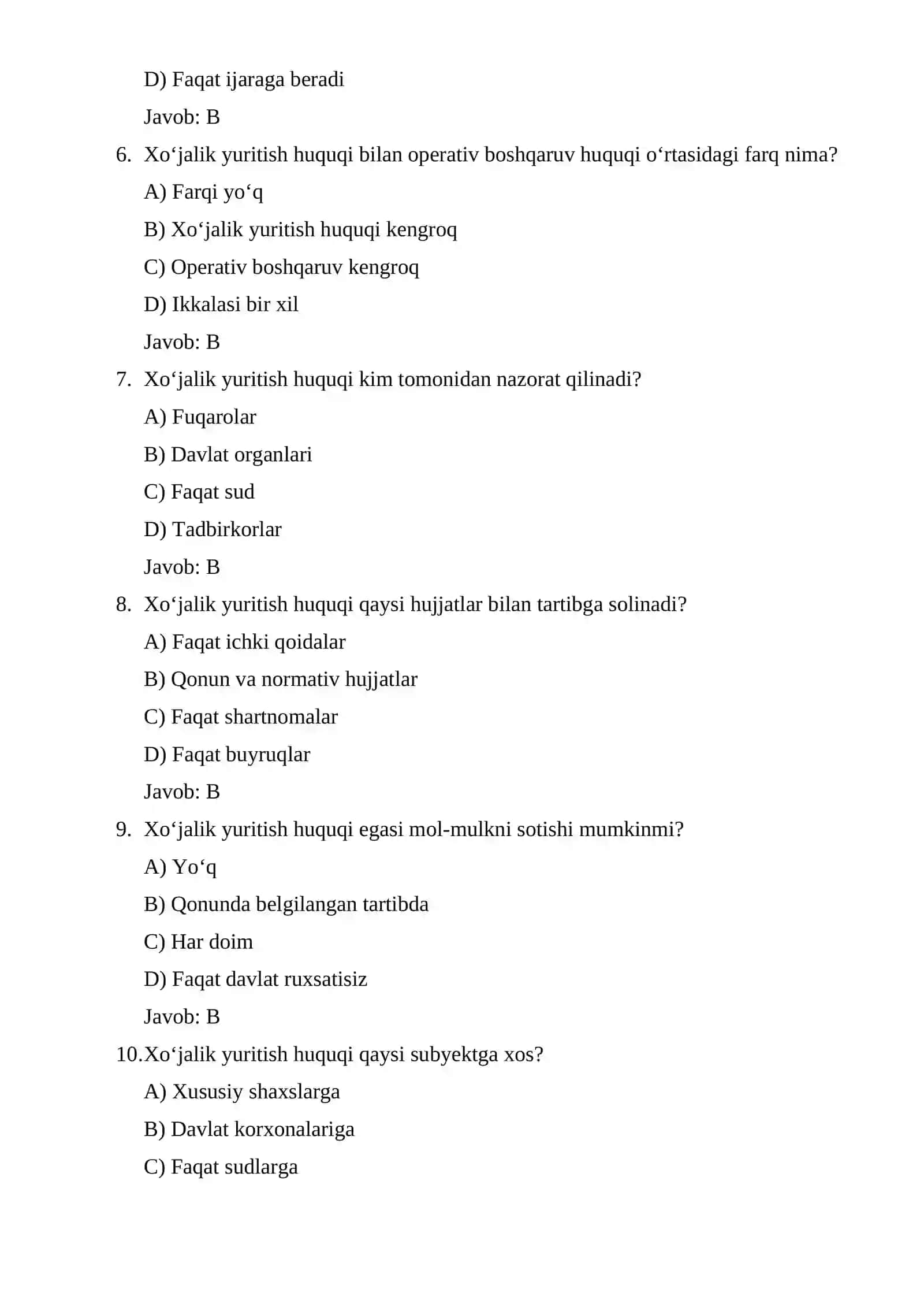 Xo‘jalik yuritish huquqi mavzusiga 15 ta test 2