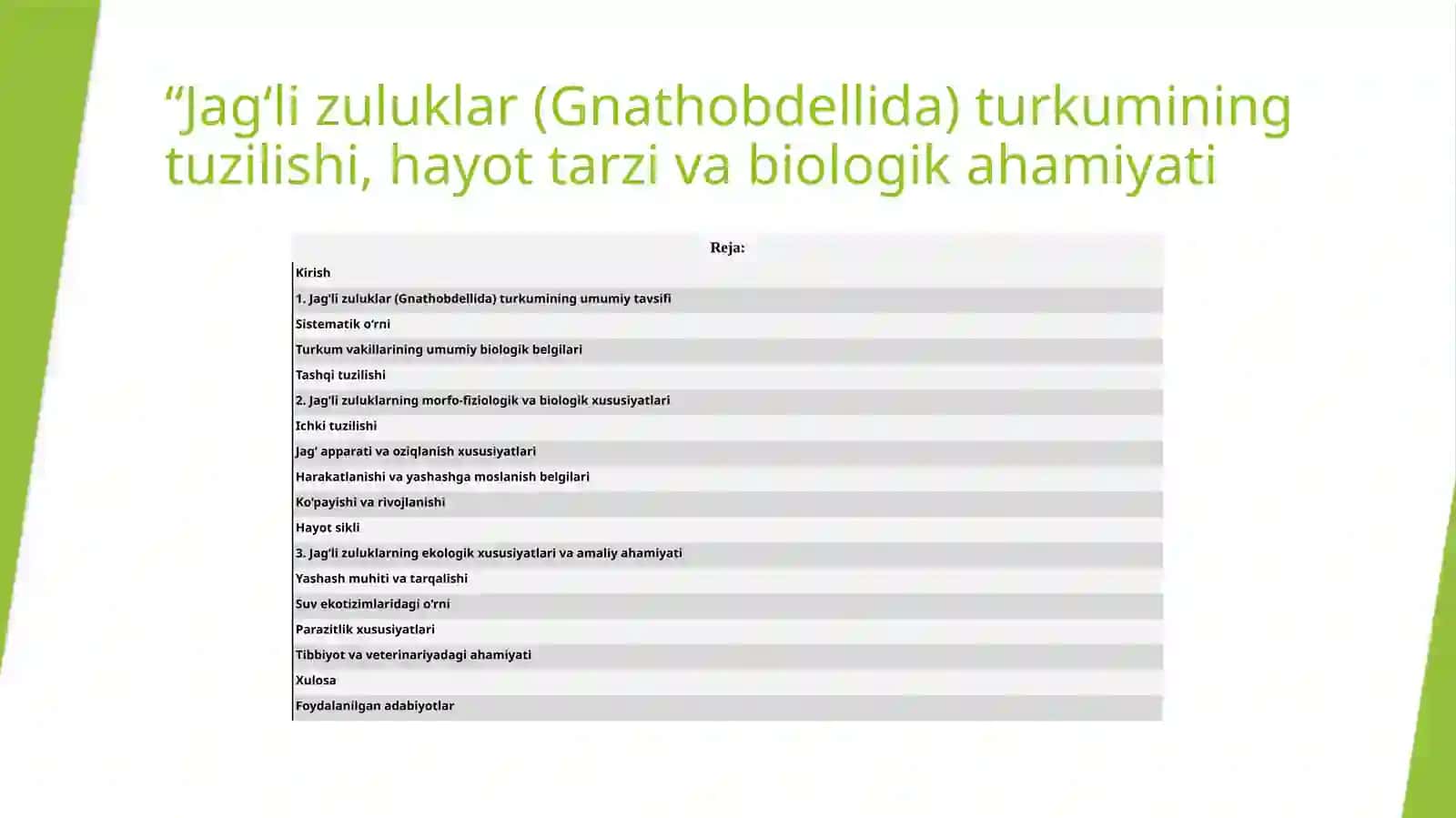 Jag‘lizuluklar (Gnathobdellida) turkumining tuzilishi, hayot tarzi va biologik ahamiyati 2