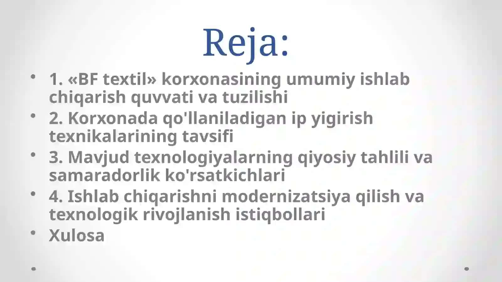 «BF textil» korxonasinimg ip yigirish texnika va texnologiyasi qiyosiy tahlili 2