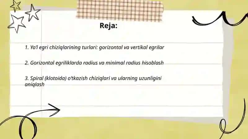 Yoʻl egriliklari va egrilarini batafsil rejalash 2