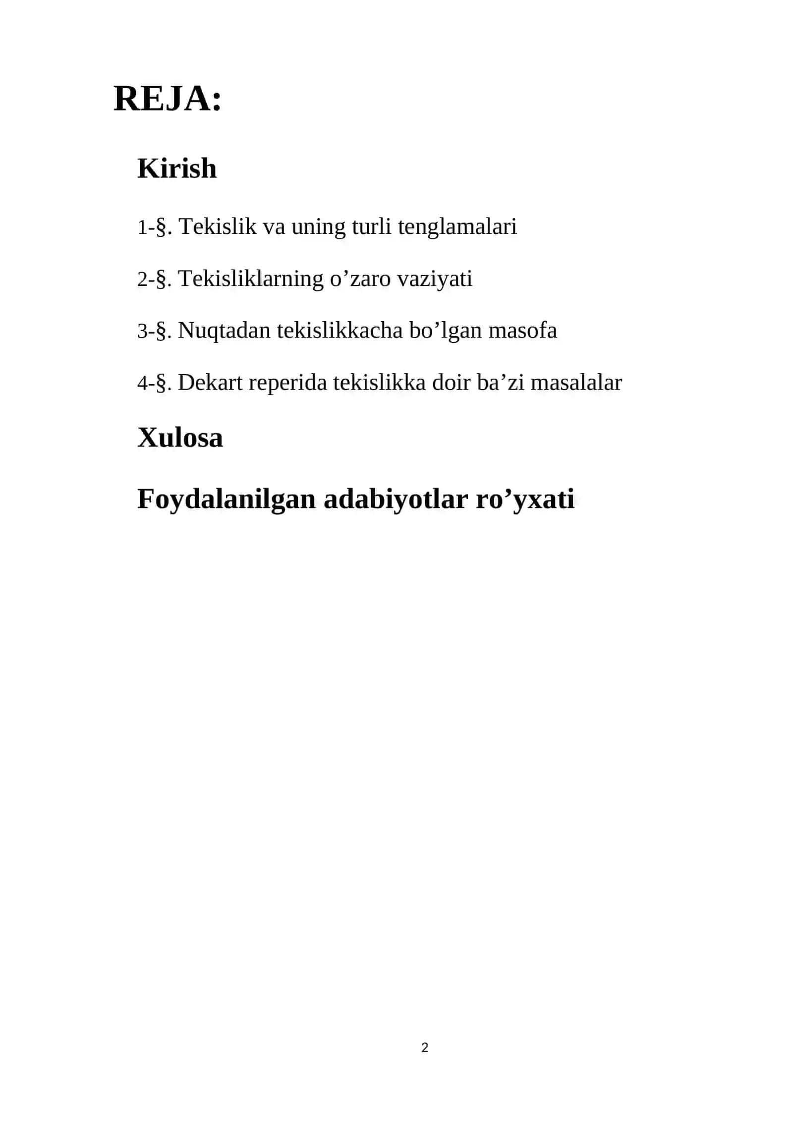 Fazoda tekislik tenglamalari. Nuqtadan tekislikkacha masofa. 2