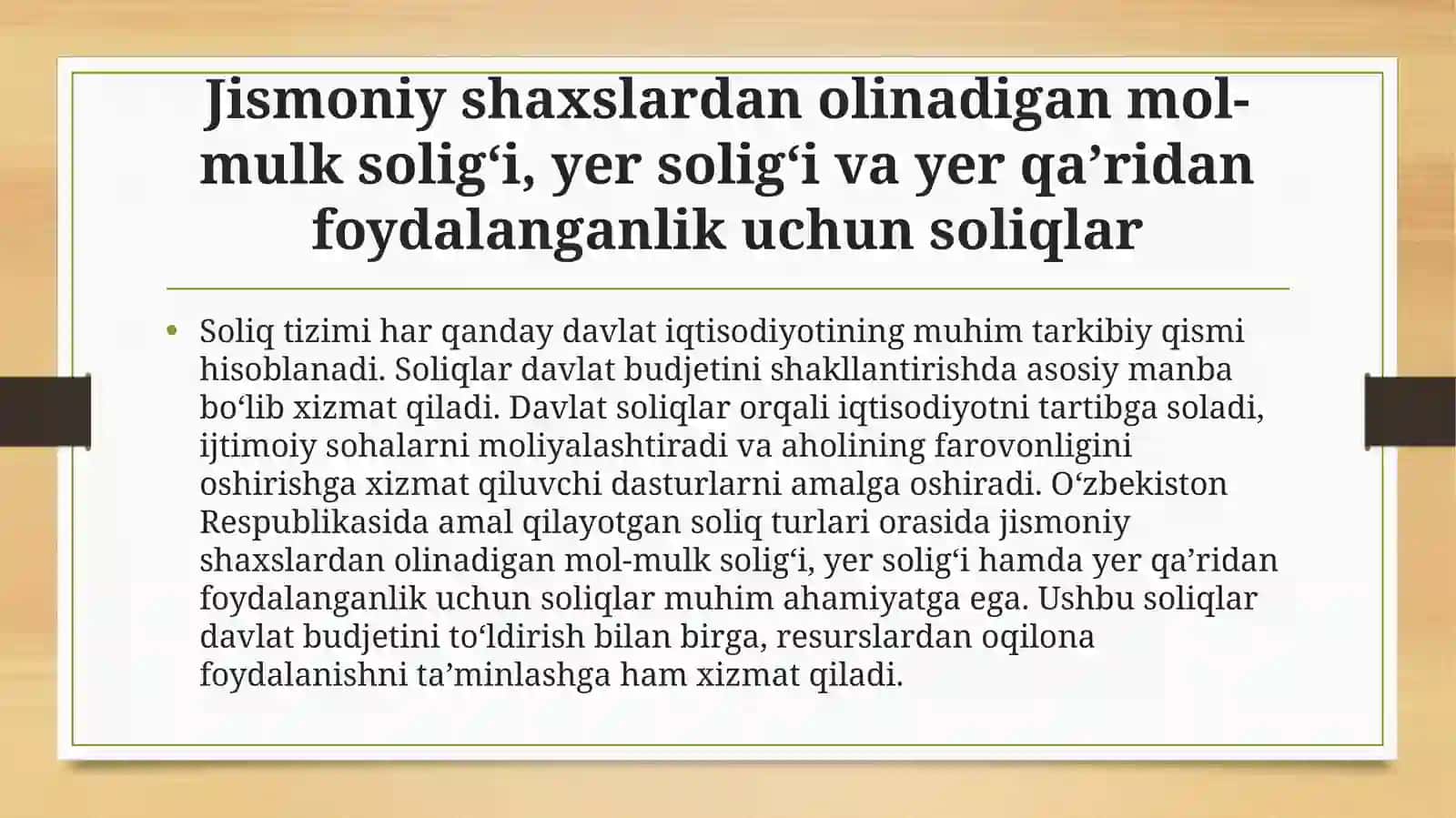 Taqdimot Jismoniy shaxslardan olinadigan mol-mulk solig'i. Jismoniy shaxslardan olinadigan yer solig'i. 2
