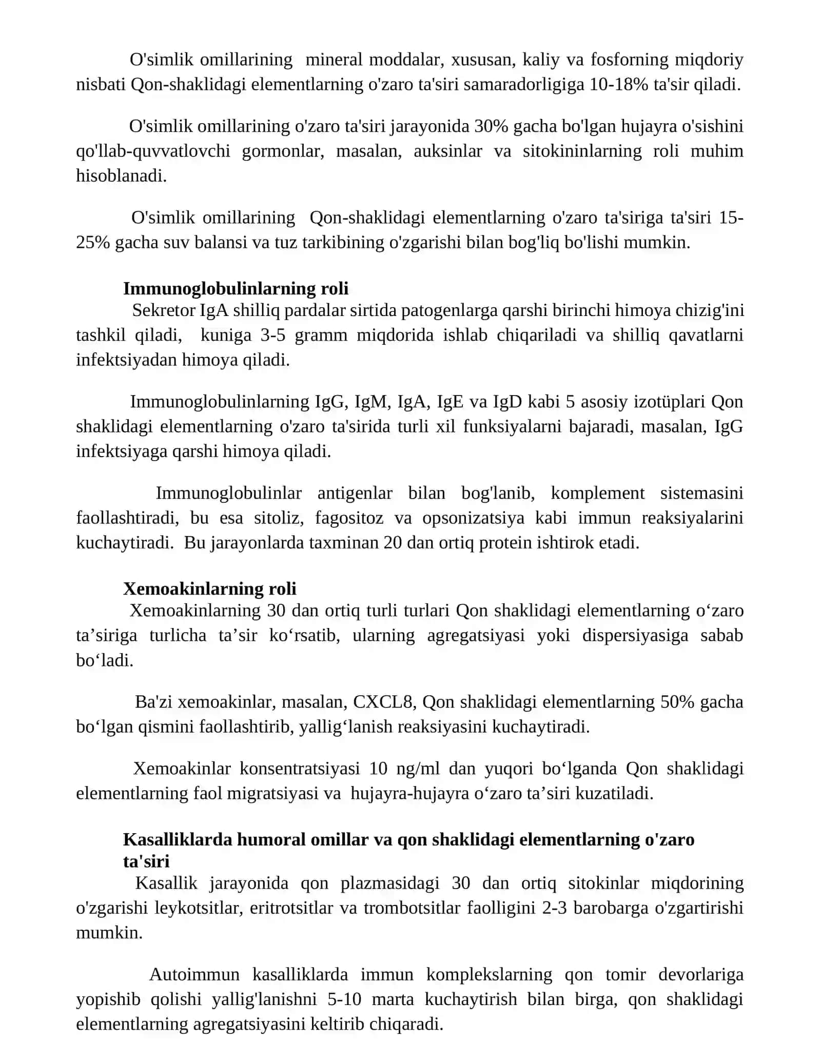 Qon shaklli elementlarining oʻzaro tasirida gumoral omilning roli 2