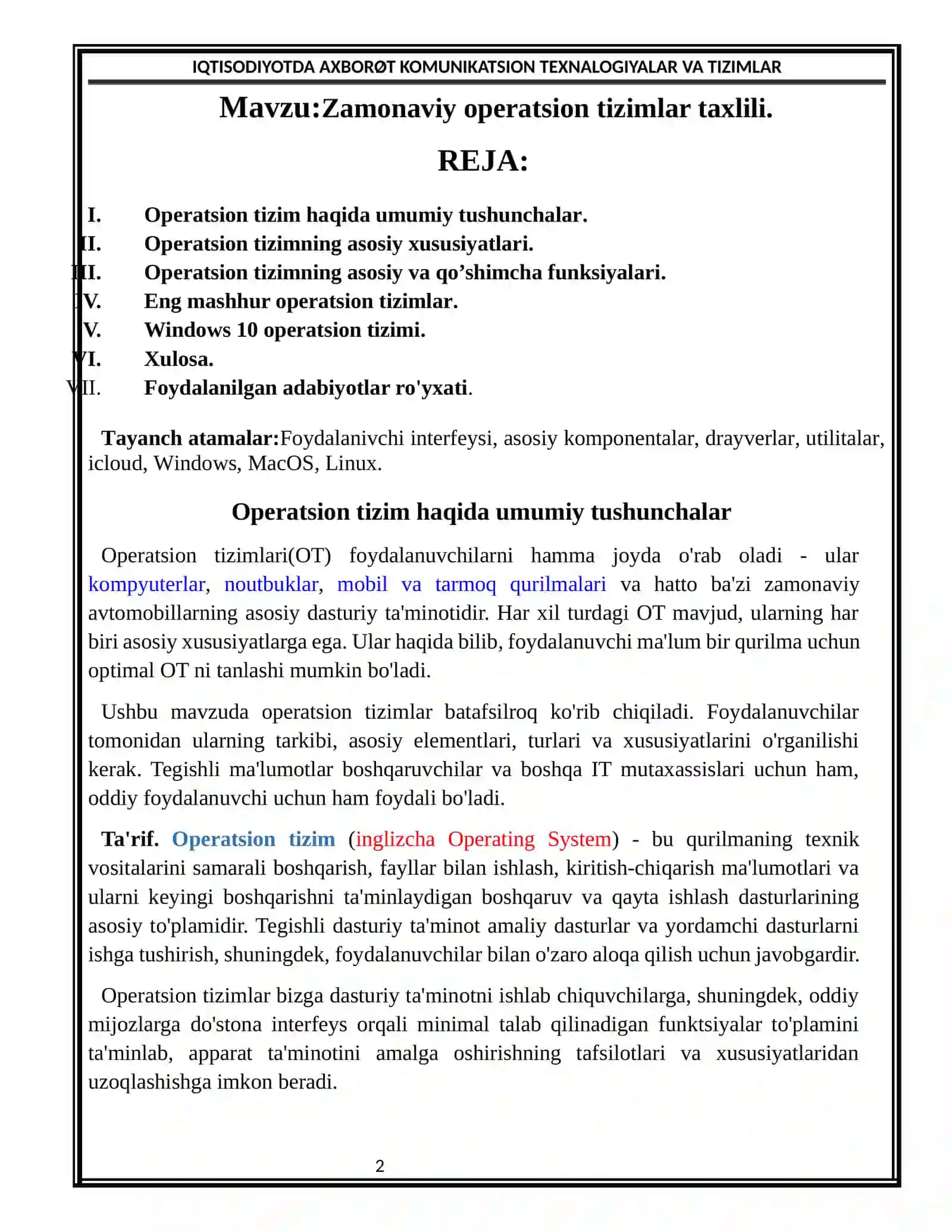Zamonaviy operatsion tizimlar taxlili 2