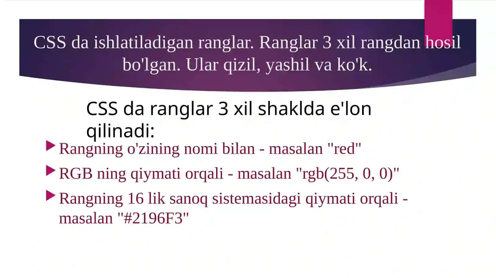 CSS da ranglar. Rang, shrift va ro‘yxatlar uchun aniqlangan xossalar 2